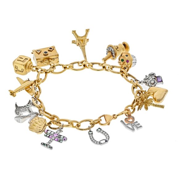 Tiffany & Co. Platinum, 18K Yellow Gold Gem set And Diamond 15 Charm Bracelet - Picture 3 of 6